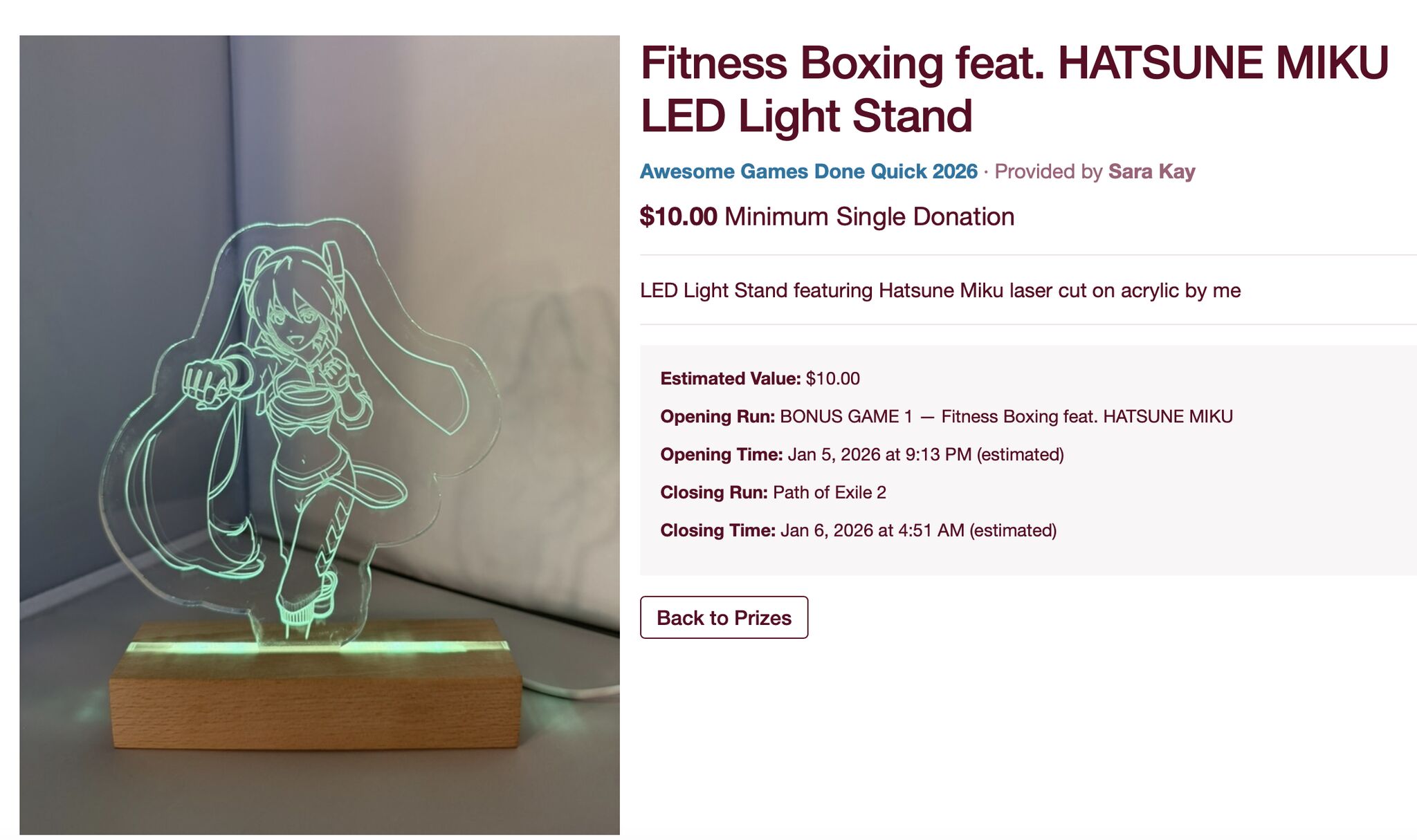 Hatsune Miku LED light stand - laser cut acrylic on wood base